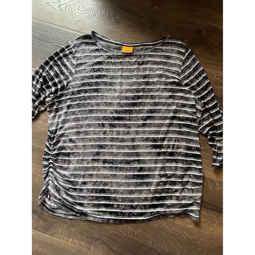 Ruby Red Women's Striped Embellished Top 3/4 Sleeve Black/Gray Blouse XL